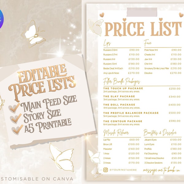 3-in-1 Price List Template. Instagram & Printable Beige and Gold Luxury Canva Template. Aesthetics, Lash Tech, Beauty, Cosmetics, Hair, Nail