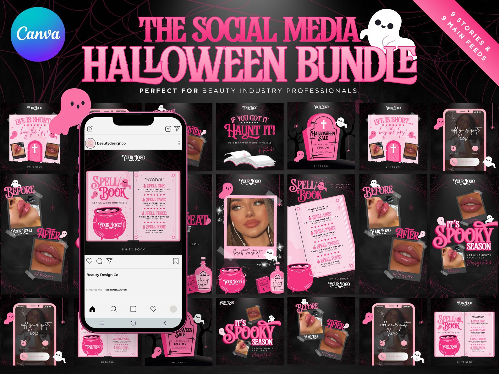 Pinkes Halloween-Social-Media-Paket. Bearbeitbares Canva in Rosa und Schwarz für Schönheit, Ästhetik, Wimperntechniker, Haare, Nägel, Halloween-Verkaufsflyer