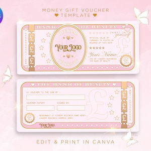 Plantilla de vale de regalo de dinero. Tarjeta de efectivo de belleza rosa y dorada. Personalizable en Canva, Estética, Esteticista, Lash Tech, Cabello, Uñas, Branding
