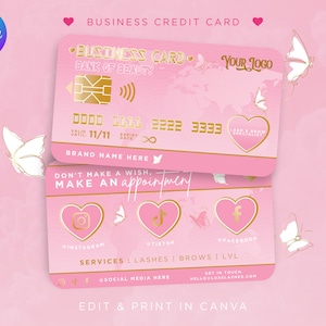Visitenkarte Vorlage, Pink & Gold Beauty Kreditkarte. Individualisierbar Auf Canva, Aesthetics, Kosmetikerin, Lash Tech, Haare, Nägel.