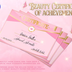 Certificate Of Completion Pink & Gold. Canva Template For Beauty Brands, Aesthetics, Lash Tech, Training Academy, Beauty School, Hairdresser