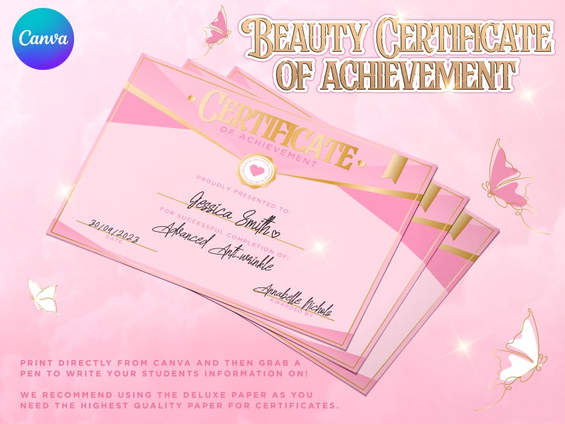 Certificate Of Completion Pink & Gold. Canva Template For Beauty Brands, Aesthetics, Lash Tech, Training Academy, Beauty School, Hairdresser