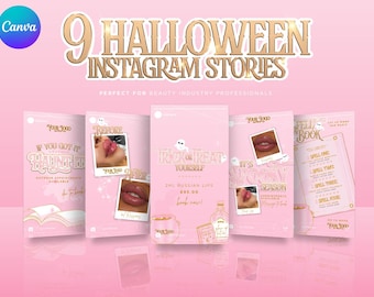9 Halloween Instagram Story Vorlage. Pink & Gold bearbeitbare Canva für Schönheit, Ästhetik, Wimpern Techniker, Haare, Nägel, Halloween Sale Flyer