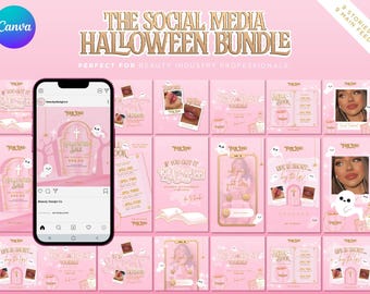 Pinkes Halloween Social Media Bundle. Pink & Gold bearbeitbare Canva für Schönheit, Ästhetik, Wimpern Techniker, Haare, Nägel, Halloween Sale Flyer