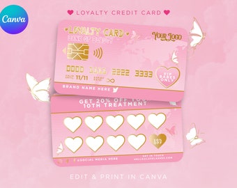 Plantilla de tarjeta de fidelización de belleza rosa y dorada, personalizable en Canva (descarga digital)