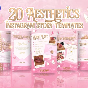 20 Aesthetics Instagram Stories, For Injectors, Botox & Filler. Pink and Gold Editable Canva Templates. Luxury Beauty Fairytale Butterfly
