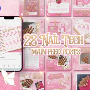 28 Nail Technician Instagram Templates. Pink & Gold Editable Canva Posts. Nail Artist, Beauty Salon, Luxury Nail Flyers, Butterflies.