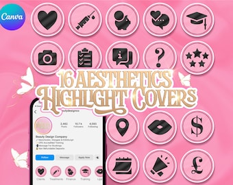 May include: A set of 16 pink and black Instagram highlight covers with various icons, including a heart, a syringe, a piggy bank, a graduation cap, a camera, a checklist, an information symbol, a question mark, five stars, a location pin, a lipstick, a dollar sign, a calendar, a megaphone, and a pound sterling symbol. The text "16 AESTHETICS HIGHLIGHT COVERS" is displayed in gold letters on a pink background.
