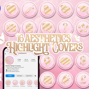 16 Aesthetics Highlight Covers For Instagram. Pink & Gold Sparkle Luxury Beauty Story. Social Media Branding For Injectors, Botox, Filler.