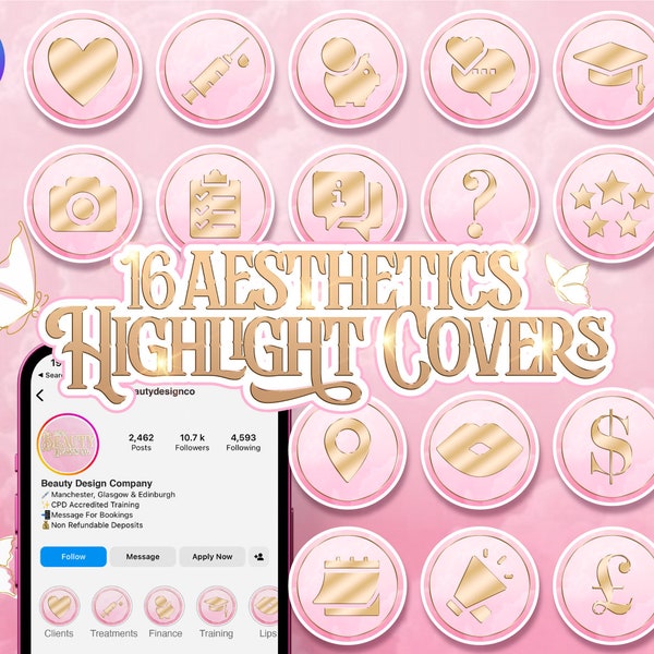 16 Aesthetics Highlight Covers For Instagram. Pink & Gold Sparkle Luxury Beauty Story. Social Media Branding For Injectors, Botox, Filler.