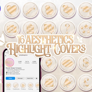 16 Aesthetics Highlight Covers For Instagram. Beige & Gold Sparkle Luxury Beauty Story. Social Media Branding For Injectors, Botox, Filler.