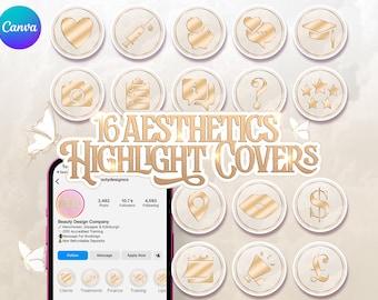 Puede incluir: Conjunto de 16 cubiertas de resaltado estéticas doradas y blancas para Instagram. Las cubiertas presentan varios iconos, que incluyen un corazón, una jeringa, una alcancía, un gorro de graduación, una cámara, una lista de verificación, un símbolo de información, un signo de interrogación, cinco estrellas, un pin de ubicación, un lápiz labial, un signo de dólar, un calendario, un megáfono y un símbolo de libra esterlina.