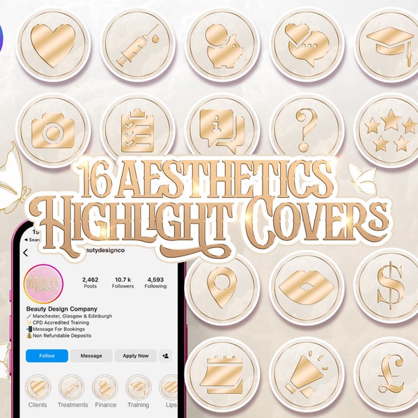 16 Ästhetik Highlight Covers für Instagram. Beige & Gold Sparkle Luxus Beauty Story. Social Media Branding für Injektoren, Botox, Filler.