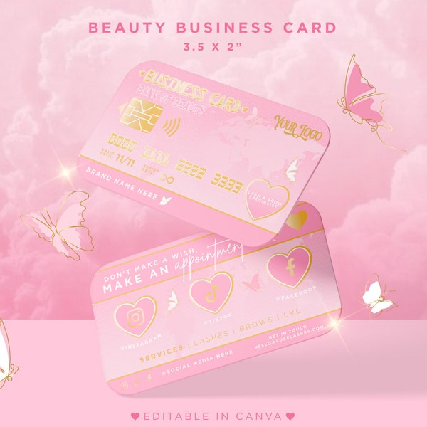 Business Card Template, Pink & Gold Beauty Credit Card. Customisable On Canva, Aesthetics, Esthetician, Lash Tech, Hair, Nails.
