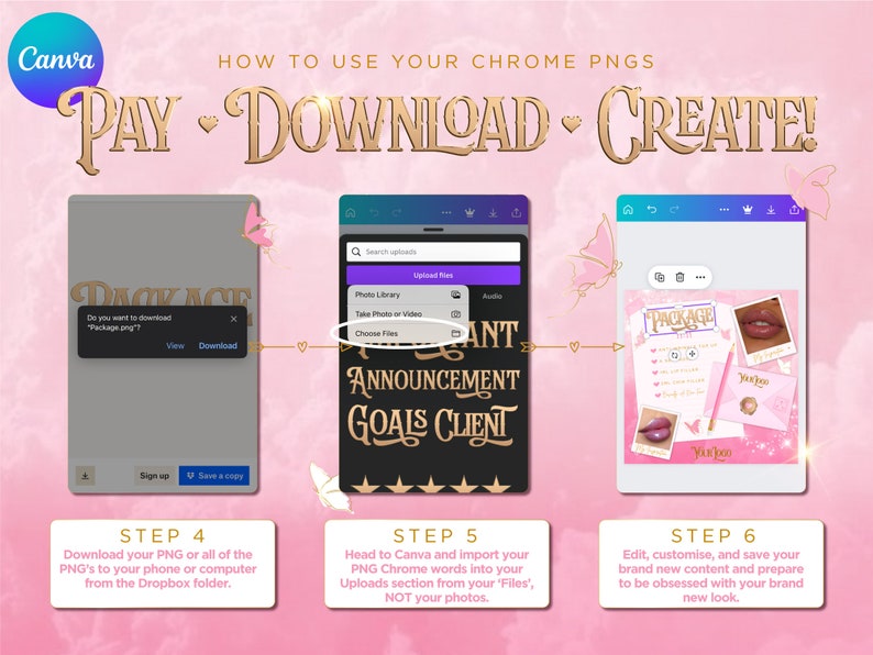 Puede incluir: Una gu&iacute;a paso a paso sobre c&oacute;mo usar Canva para crear gr&aacute;ficos utilizando archivos PNG. La imagen muestra una pantalla de computadora con una ventana de Canva abierta, y una ventana emergente con el texto "&iquest;Desea descargar "Package.png"?" con botones para "Ver" y "Descargar". La imagen tambi&eacute;n muestra una pantalla de tel&eacute;fono con una ventana de Canva abierta, y una ventana emergente con el texto "Cargar archivos" y botones para "Biblioteca de fotos", "Tomar foto o video", y "Elegir archivos". La imagen tambi&eacute;n muestra una pantalla de tel&eacute;fono con una ventana de Canva abierta, y un dise&ntilde;o gr&aacute;fico con el texto "ANT ANNOUNCEMENT GOALS CLIENT" en letras doradas. La imagen tambi&eacute;n muestra una pantalla de tel&eacute;fono con una ventana de Canva abierta, y un dise&ntilde;o gr&aacute;fico con el texto "PACKAGE" en letras doradas. La imagen tambi&eacute;n muestra una pantalla de tel&eacute;fono con una ventana de Canva abierta, y un dise&ntilde;o gr&aacute;fico con el texto "&gamma;&iota;&alpha;&lambda;&omicron;" en letras doradas. La imagen tambi&eacute;n muestra una pantalla de tel&eacute;fono con una ventana de Canva abierta, y un dise&ntilde;o gr&aacute;fico con el texto "&gamma;ύ&pi;&rho;&omicron;&upsilon;" en letras doradas. La imagen tambi&eacute;n muestra una pantalla de tel&eacute;fono con una ventana de Canva abierta, y un dise&ntilde;o gr&aacute;fico con el texto "土山" en letras doradas. La imagen tambi&eacute;n muestra una pantalla de tel&eacute;fono con una ventana de Canva abierta, y un dise&ntilde;o gr&aacute;fico con el texto "PAY DOWNLOAD CREATE!" en letras doradas.
