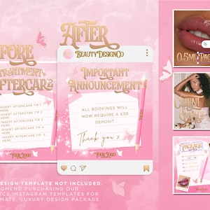 Puede incluir: Plantilla de publicaci&oacute;n de Instagram rosa y dorada con el texto "Antes del tratamiento Cuidado posterior" y "Despu&eacute;s Beauty Design Co Anuncio importante". La plantilla incluye una lista de verificaci&oacute;n para consejos de cuidado posterior, un gr&aacute;fico de mariposa y el texto "Tu logotipo".