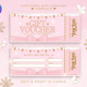 Plantilla de vale de regalo de Navidad en color rosa. Tarjeta de regalo de belleza en rosa y dorado. Personalizable en Canva, estética, tecnología de pestañas, cabello, uñas, marca