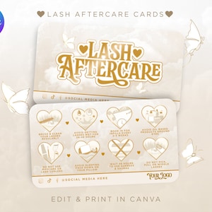 Szablon Canva karty pielęgnacji rzęs Lash Tech. Luksus w kolorze beżowym i złotym, 3,5" x 2" wizytówki, technik rzęs, rzęsy, pielęgnacja urody.