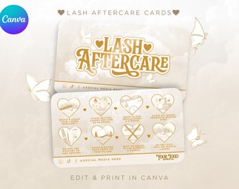 Plantilla de Canva para tarjeta de cuidado posterior de pestañas, diseño beige y dorado (descarga digital)