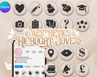 Pode incluir: Um conjunto de 16 capas de destaque estéticas para o Instagram. As capas apresentam vários ícones, incluindo um coração, uma seringa, um cofrinho, um balão de fala com um coração, um chapéu de formatura, uma câmera, uma lista de verificação, um símbolo de informação, um ponto de interrogação, cinco estrelas, um alfinete de localização, um lábio, um sinal de dólar, um calendário, um megafone e um símbolo de libra esterlina. As capas são projetadas em um estilo minimalista com ícones pretos em um fundo bege.