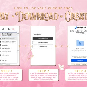 Puede incluir: Un gr&aacute;fico rosa y blanco con el texto "PAY - DOWNLOAD - CREATE!" e instrucciones sobre c&oacute;mo descargar archivos digitales de Etsy. El gr&aacute;fico muestra una pantalla de computadora con un men&uacute; desplegable, un &iacute;cono de Dropbox y tres pasos para descargar los archivos.