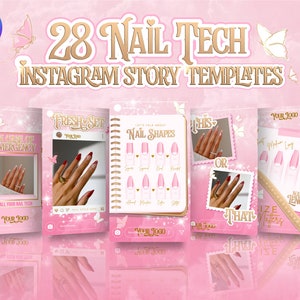 28 Nail Technician Instagram Stories. Pink & Gold Editable Canva Posts. Nail Artist, Beauty Salon, Luxury Nail Flyers, Butterflies.