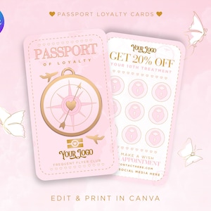 Modelo de passaporte de cartão fidelidade. Cartão Fidelidade Beleza Rosa e Dourado. Personalizável em Canva, Estética, Esteticista, Lash Tech, Cabelo, Unhas.