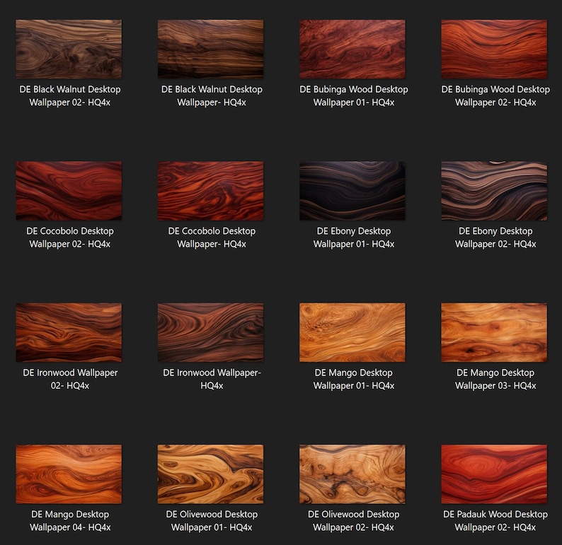 16 file icons of the wood grain desktop wallpaper files - Black Walnut, Bubinga, Cocobolo, Ebony, Ironwood, Mango, Olive Wood, and Padauk.