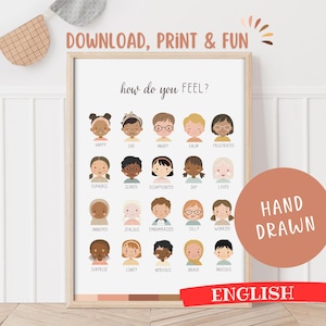Arte de pared, cuadro de emociones, póster de sentimientos, educativo, póster de inclusión, aprendizaje emocional, diversidad, Montessori, A4 A3, inglés, decoración.