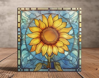 Radiant Sunflower Stained Glass Art - Vibrant Bloom Ceramic Tile for Lively Home Accent