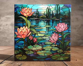 Stained Glass Styled Lotus Pond Ceramic Tile - Tranquil Water Garden Decor