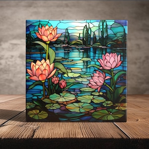 Stained Glass Styled Lotus Pond Ceramic Tile - Tranquil Water Garden Decor