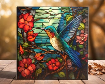 Vibrant Garden Symphony - Handcrafted Stained Glass Hummingbird Art Tile for Enchanting Home Decor
