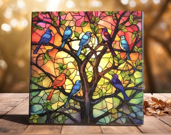 Colorful Birds Stained Glass Style Decorative Ceramic Tile - Handcrafted Art for Home Decor
