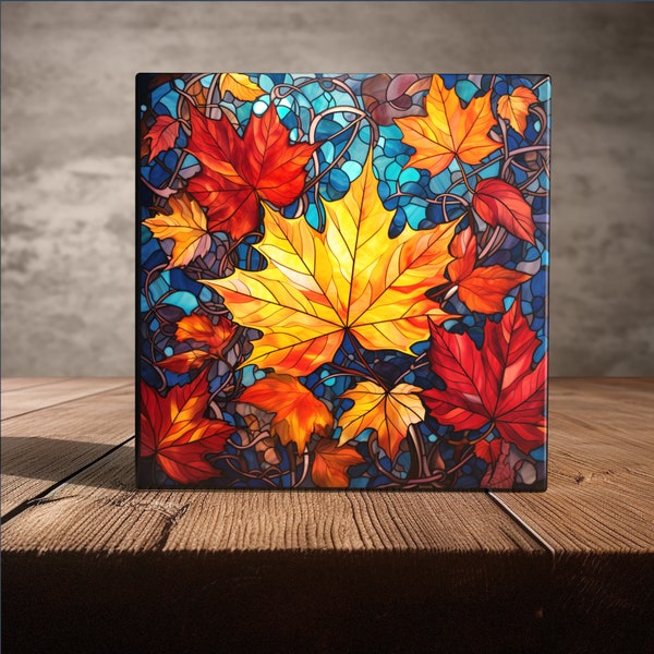 Autumn Harmony: Stunning Stained Glass Tile Mosaic Featuring Yellow and Red Maple Leaves for Home Decor