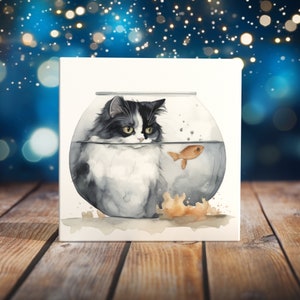 Curious Cat and Goldfish Watercolor Art Tile - Whimsical Feline and Fishbowl Decor for the Home