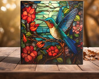 Vibrant Garden Symphony - Handcrafted Stained Glass Hummingbird Art Tile for Enchanting Home Decor