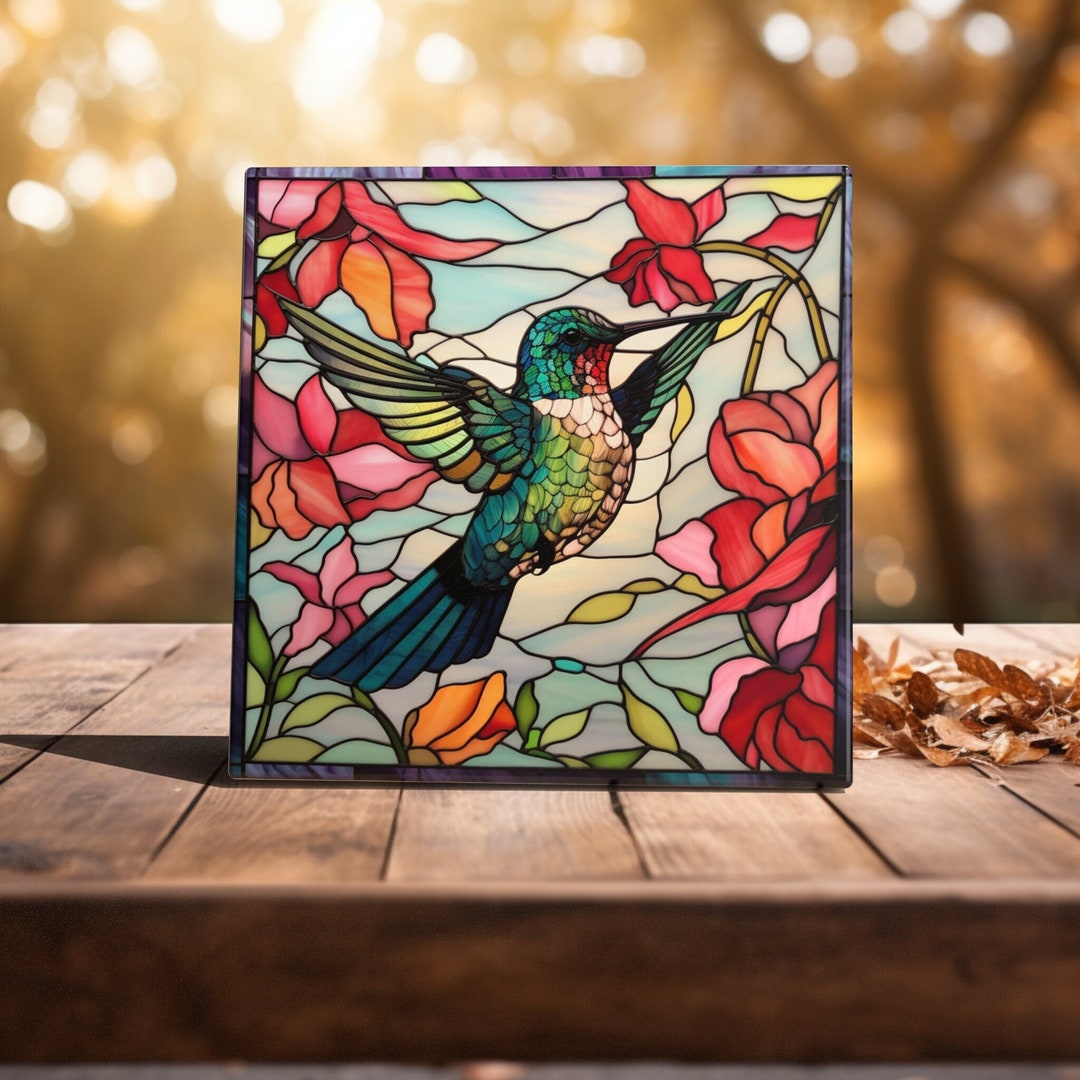 Stained Glass Splendor Green Hummingbird Among Floral Art Tile for