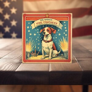 Vintage Canine Firecracker Art Tile - Retro-Style Dog with Fireworks for Unique Americana Home Decor