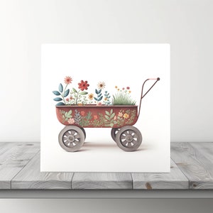 Whimsical Garden Cart: Hand-Painted Artistic Tile with Floral Design for Home Decoration