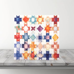 May include: A watercolor painting of a quilt with a patchwork design. The quilt is made up of squares of different colors, including red, orange, yellow, green, blue, and purple. The squares are arranged in a random pattern, and the quilt is surrounded by a white border.