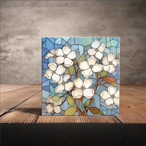 Stained Glass Dogwood Blossoms Ceramic Tile - Elegant Home Accent