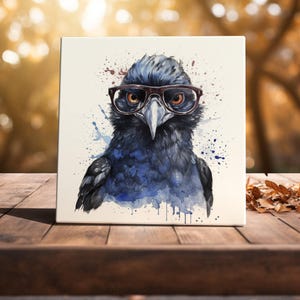 May include: A watercolor painting of a crow wearing glasses. The crow has a serious expression and is looking directly at the viewer. The background is a light blue with splashes of color.