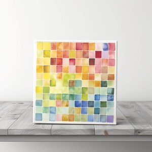 May include: Abstract watercolor painting with a grid of colorful squares in shades of yellow, orange, red, green, blue, and purple.