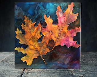 Colorful Oak Leaves Porcelain Tile Art - Bold Autumn Decor for Your Home