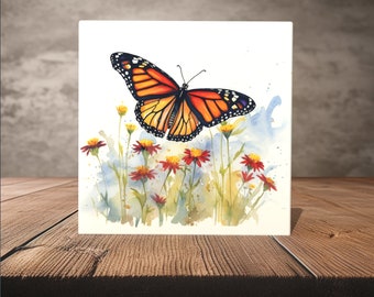 Monarch Butterfly on Wildflowers - Vibrant Watercolor Art Ceramic Tile for Home Decoration