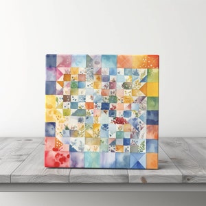 May include: A watercolor painting of a colorful patchwork quilt with a floral design. The quilt is made up of squares of different colors and patterns, including red, blue, green, yellow, and orange. The flowers are painted in a delicate style, with soft colors and subtle details.
