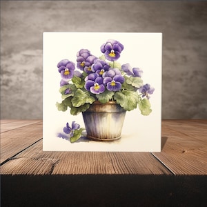 May include: A watercolor painting of a potted plant with purple pansies. The pansies are in a rusty metal pot with a white background.