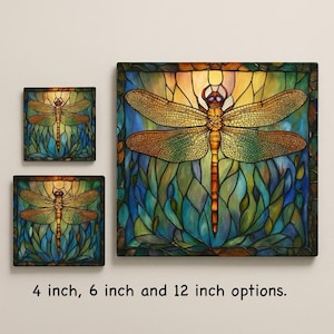 May include: A stained glass style artwork featuring a dragonfly with yellow and brown wings against a blue and green background. The dragonfly is in the center of the image and is surrounded by leaves and flowers.