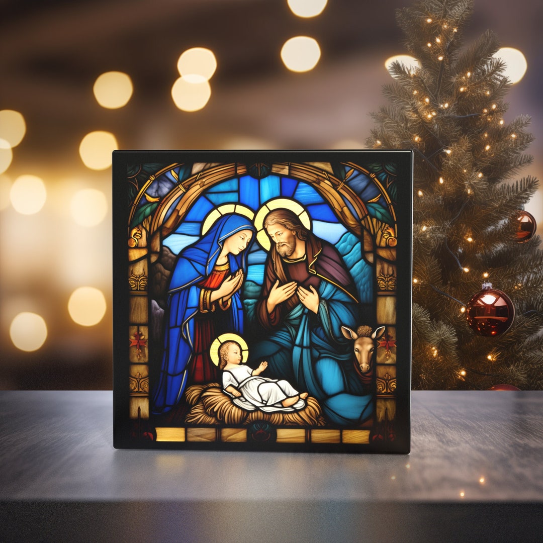 Divine Nativity Scene - Stained Glass Style Art Tile for Spiritual Home ...